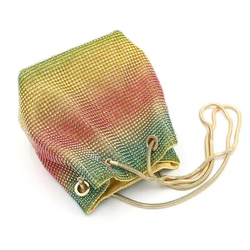 Rainbow Bucket Diamond Bag with Sparkling Rhinestones - Colorful & Luxurious Design for Style-Conscious Individuals