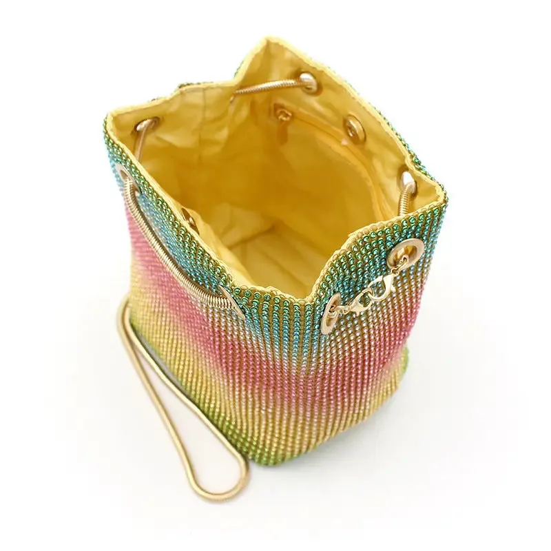 Rainbow Bucket Diamond Bag with Sparkling Rhinestones - Colorful & Luxurious Design for Style-Conscious Individuals