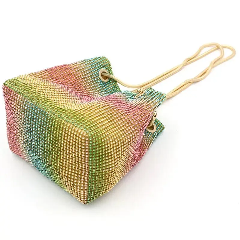 Rainbow Bucket Diamond Bag with Sparkling Rhinestones - Colorful & Luxurious Design for Style-Conscious Individuals