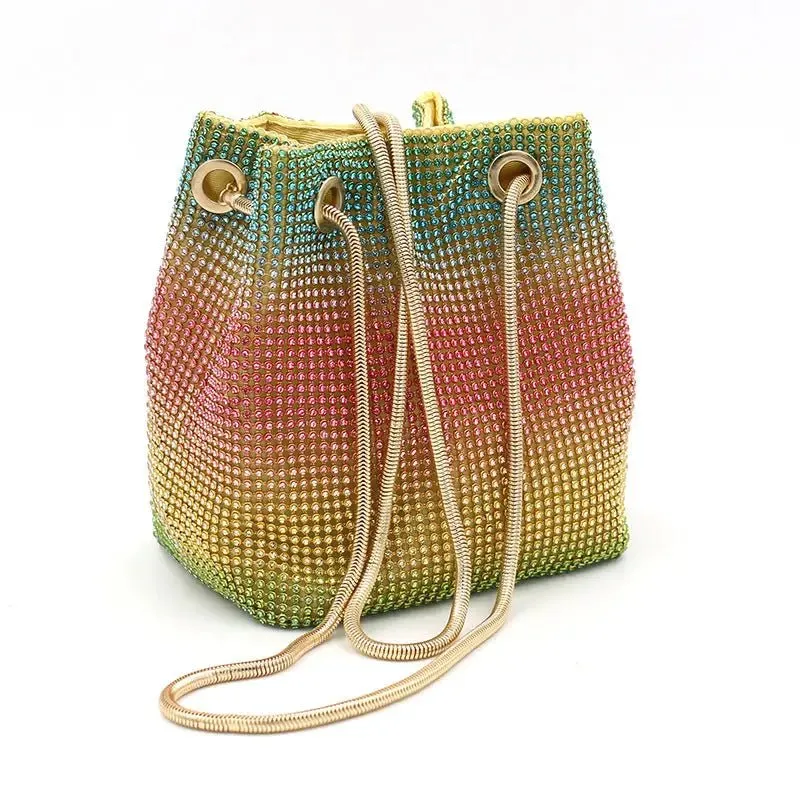 Rainbow Bucket Diamond Bag with Sparkling Rhinestones - Colorful & Luxurious Design for Style-Conscious Individuals