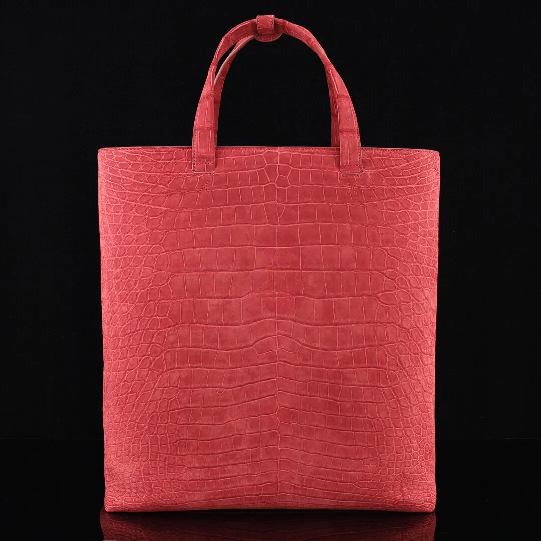 Sanded Genuine Crocodile Skin Leather Large Shopper Hobo Tote Bags Red