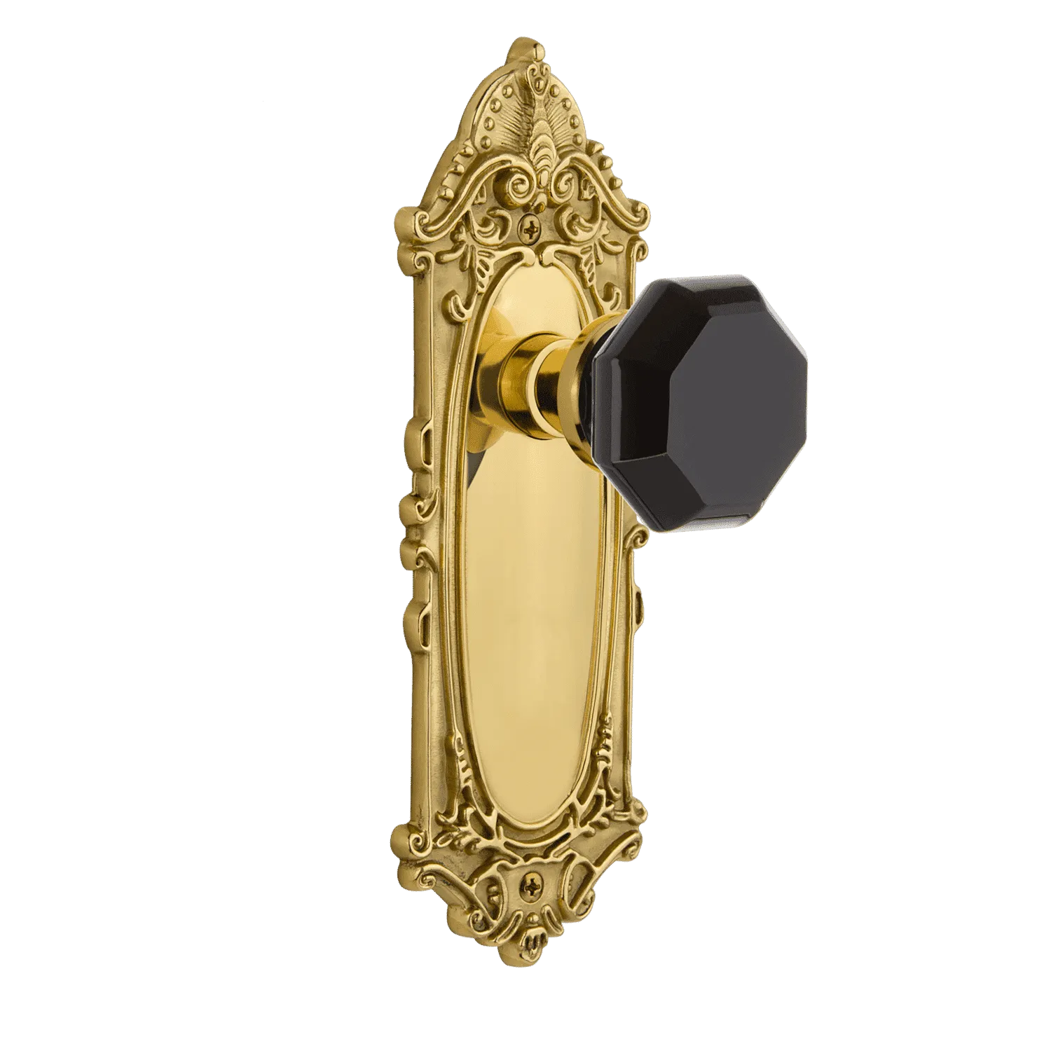 Victorian Long Plate with Black Waldorf Knob in Polished Brass