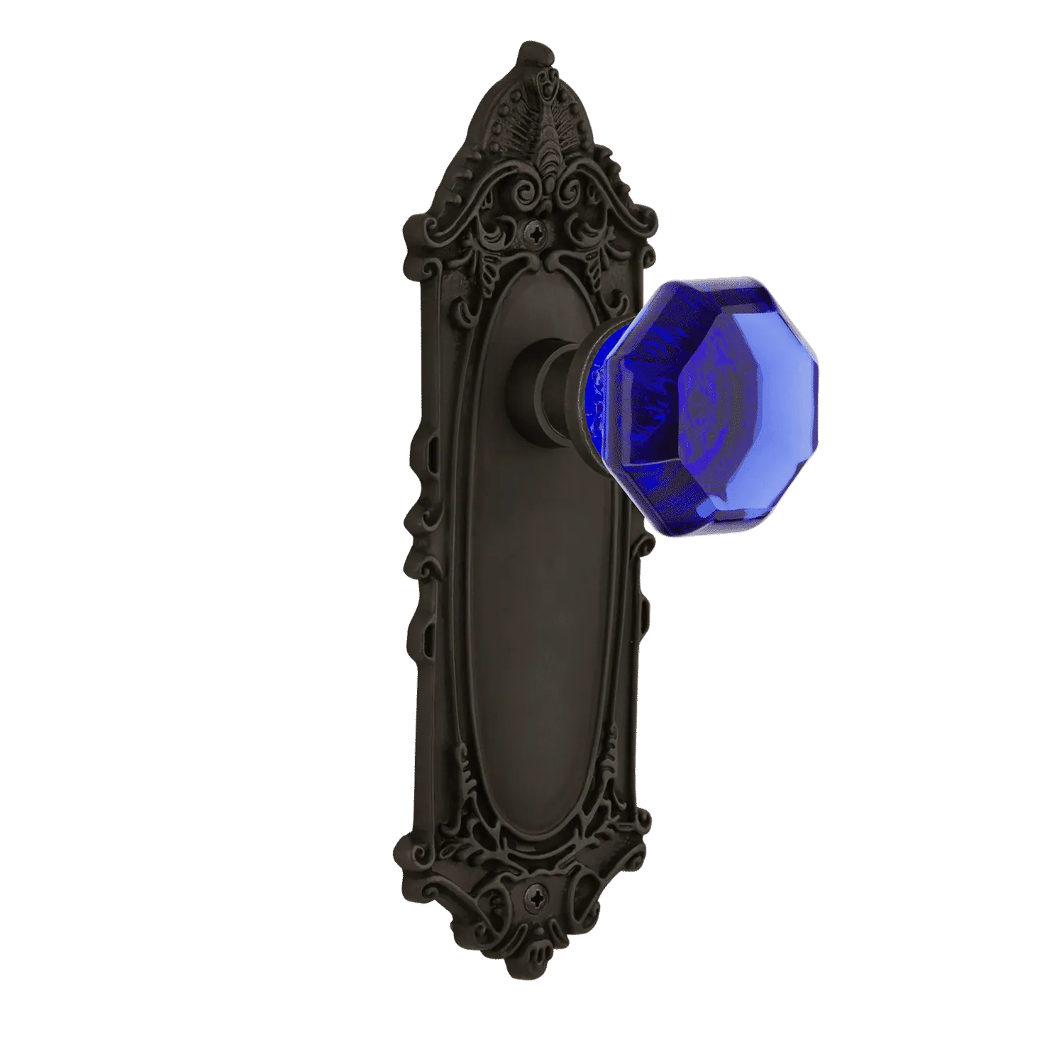 Victorian Long Plate with Cobalt Waldorf Knob in Oil-Rubbed Bronze