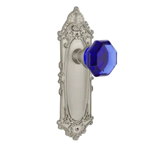 Victorian Long Plate with Cobalt Waldorf Knob in Satin Nickel