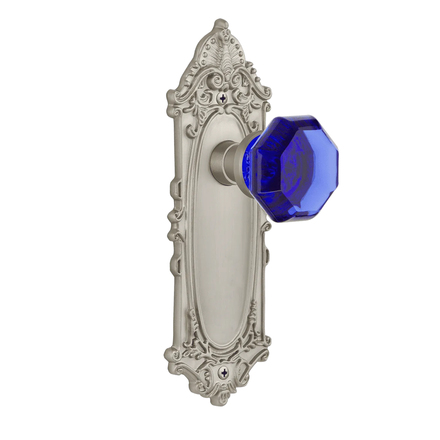 Victorian Long Plate with Cobalt Waldorf Knob in Satin Nickel