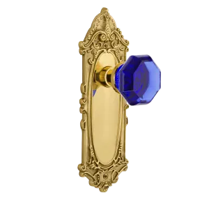 Victorian Long Plate with Cobalt Waldorf Knob in Unlacquered Brass