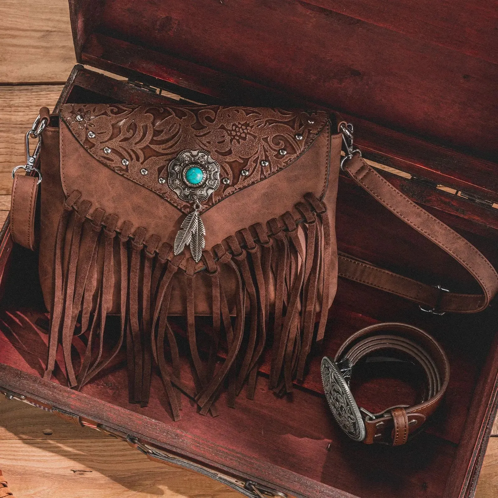 Western Fringe Shoulder Bag – PU Leather Crossbody with Buckle