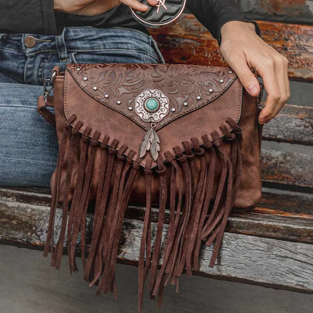 Western Fringe Shoulder Bag – PU Leather Crossbody with Buckle