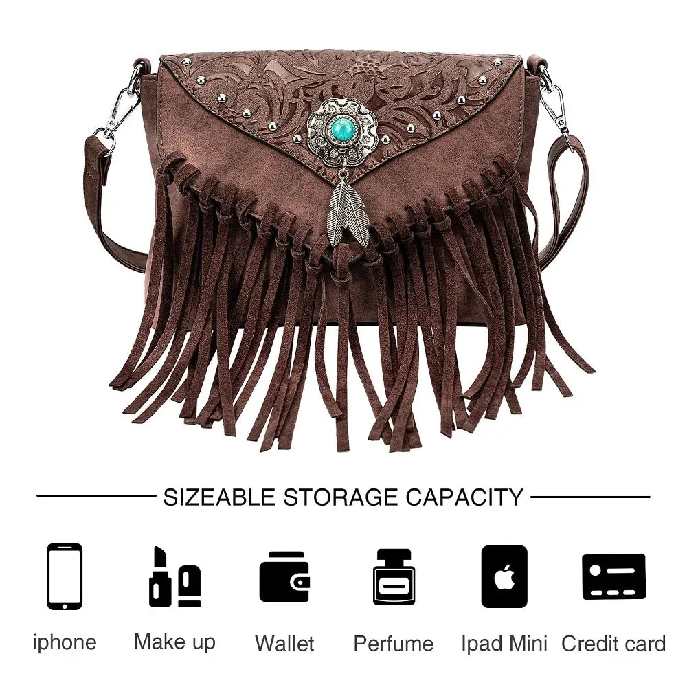 Western Fringe Shoulder Bag – PU Leather Crossbody with Buckle