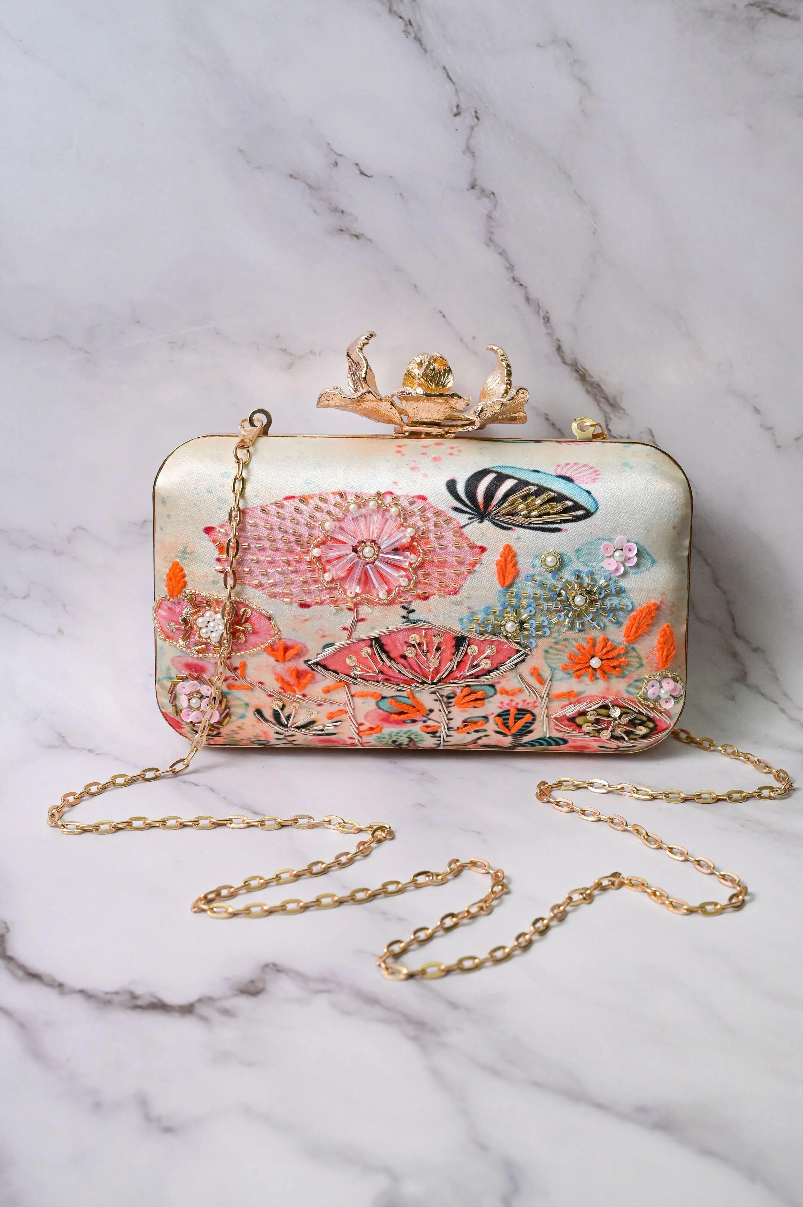 White and Multicolor Clutch with Embroidery Pearl and Sequin Work