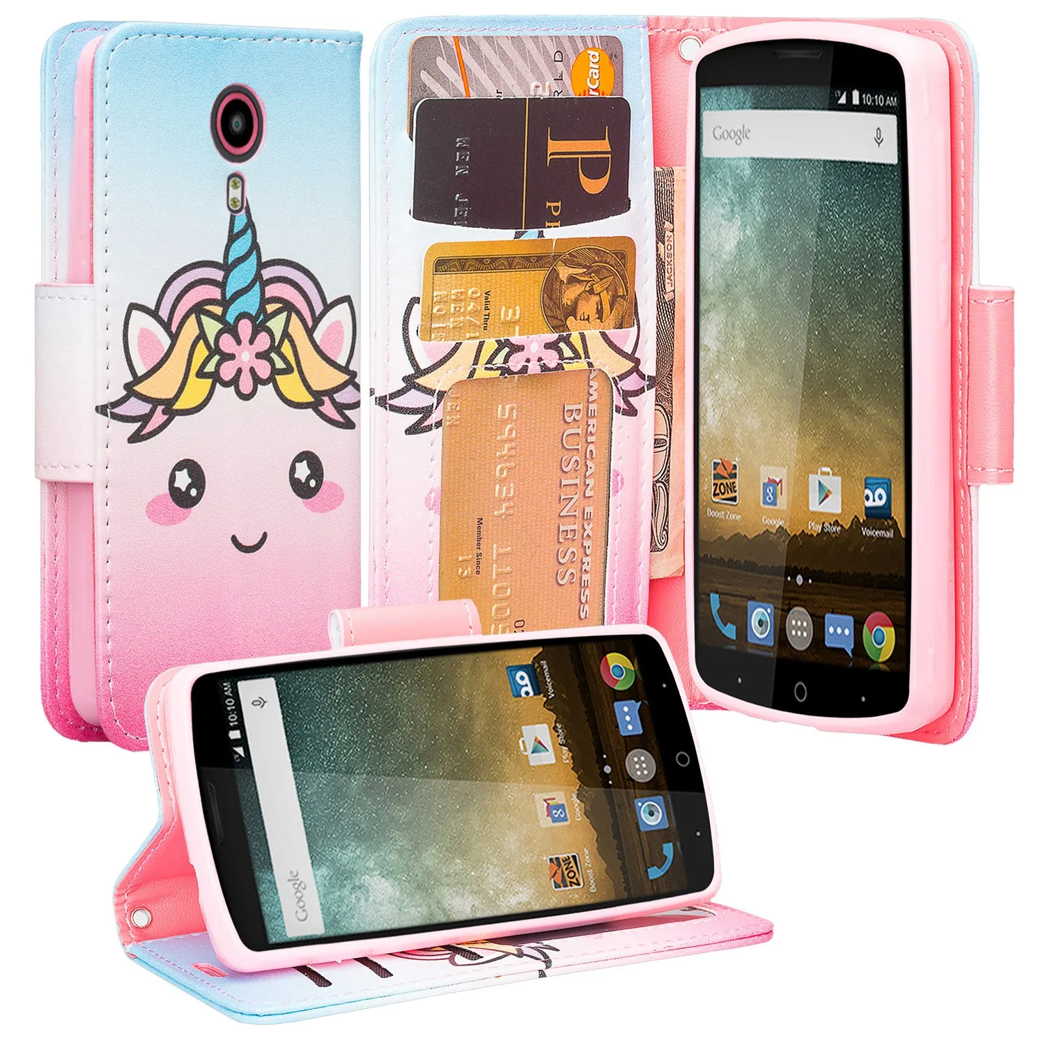 ZTE Ultra Case | ZTE Quest | ZTE Uhura Case, Wrist Strap Magnetic Flip Fold[Kickstand] Pu Leather Wallet Case with ID & Credit Card Slots for ZTE Ultra/Quest/Uhura - White Unicorn