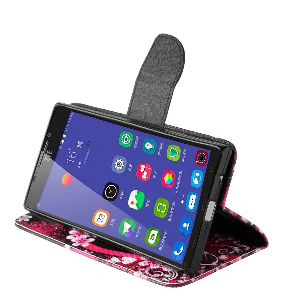 ZTE Warp Elite | ZTE N9158 Case, Wrist Strap Magnetic Flip Fold[Kickstand] Pu Leather Wallet Case with ID & Card Slots - Heart Butterflies