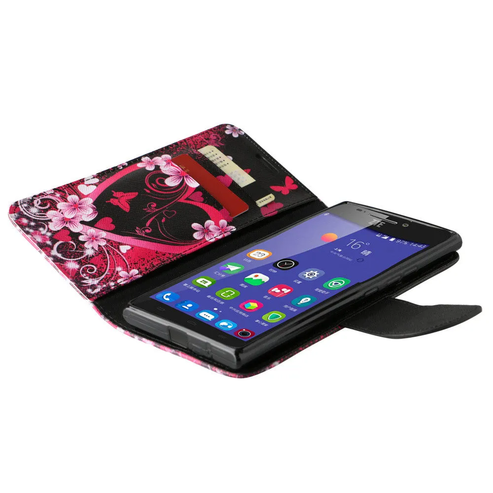 ZTE Warp Elite | ZTE N9158 Case, Wrist Strap Magnetic Flip Fold[Kickstand] Pu Leather Wallet Case with ID & Card Slots - Heart Butterflies