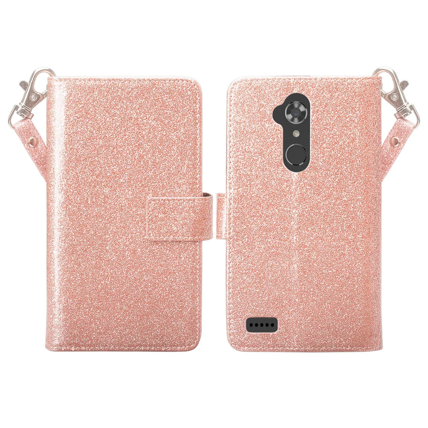 ZTE ZMax Pro, ZTE Imperial Max, MaX Duo LTE, Grand X Max 2 Case, ZTE Carry, ZTE Blade X Max, [Wrist Strap] Glitter Faux Leather Flip [Kickstand Feature] Wallet Case Clutch - Rose Gold