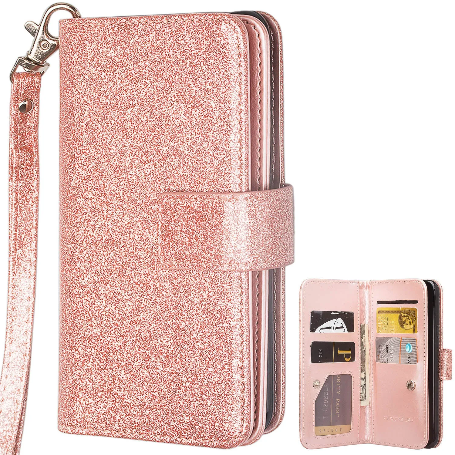 ZTE ZMax Pro, ZTE Imperial Max, MaX Duo LTE, Grand X Max 2 Case, ZTE Carry, ZTE Blade X Max, [Wrist Strap] Glitter Faux Leather Flip [Kickstand Feature] Wallet Case Clutch - Rose Gold